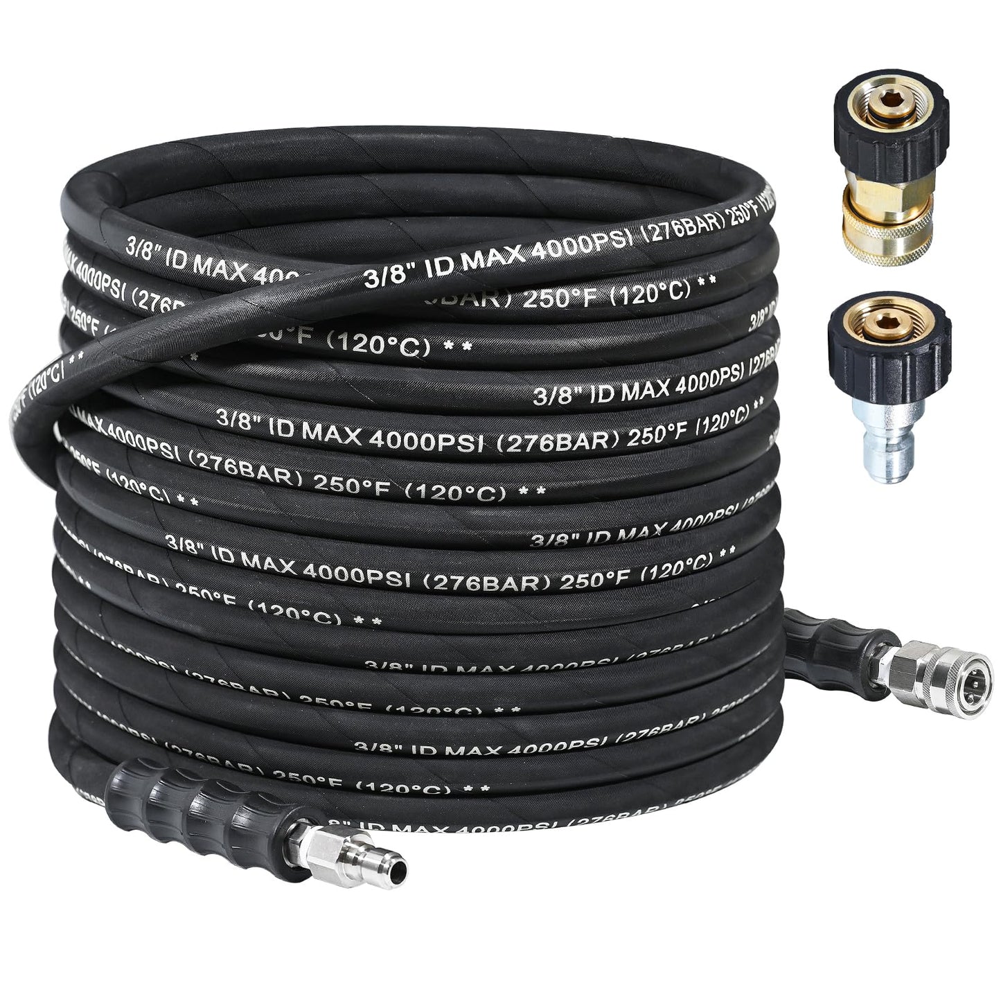 TOOLCY 3/8" Pressure Washer Hose 50 FT, Hot and Cold Water Max 250ยฐF Kink Resistant Power Washer Hose with Swivel 3/8" Quick Connect and M22-14mm Adapters, 4000 PSI, Steel Wire Braided Rubber Jacket