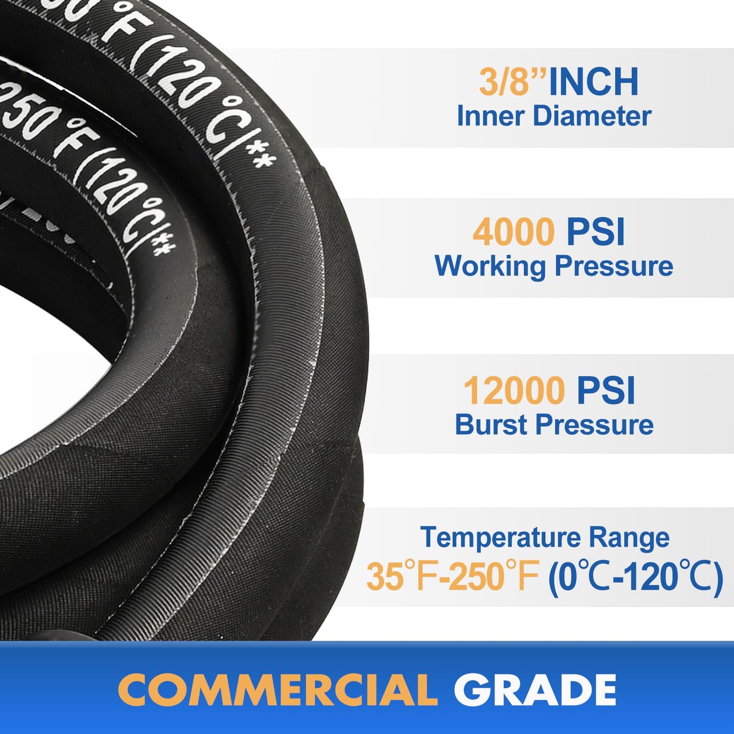 TOOLCY 3/8" Pressure Washer Hose 50 FT, Hot and Cold Water Max 250ยฐF Kink Resistant Power Washer Hose with Swivel 3/8" Quick Connect and M22-14mm Adapters, 4000 PSI, Steel Wire Braided Rubber Jacket