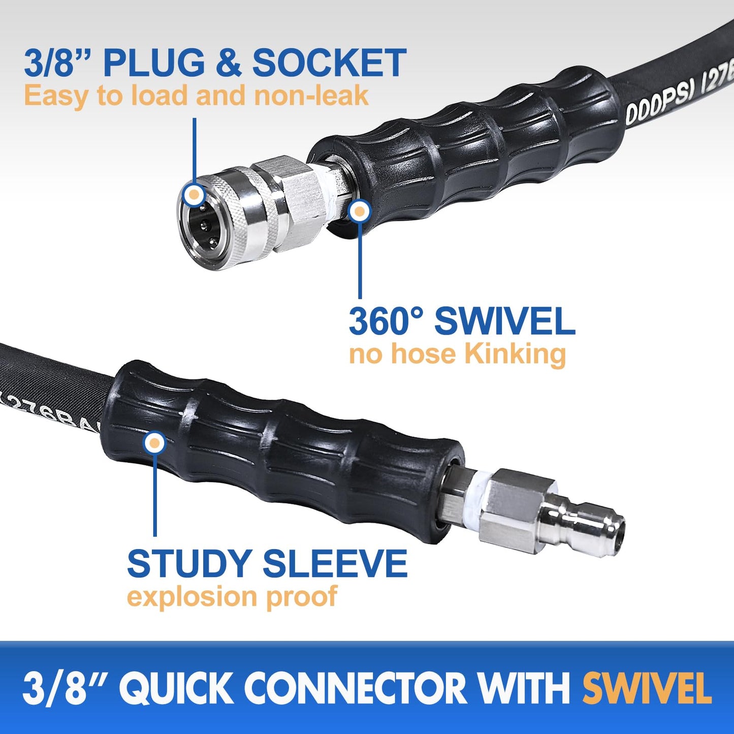 TOOLCY 3/8" Pressure Washer Hose 50 FT, Hot and Cold Water Max 250ยฐF Kink Resistant Power Washer Hose with Swivel 3/8" Quick Connect and M22-14mm Adapters, 4000 PSI, Steel Wire Braided Rubber Jacket