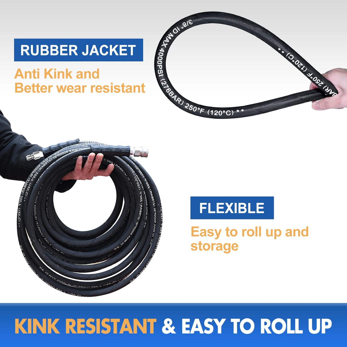 TOOLCY 3/8" Pressure Washer Hose 50 FT, Hot and Cold Water Max 250ยฐF Kink Resistant Power Washer Hose with Swivel 3/8" Quick Connect and M22-14mm Adapters, 4000 PSI, Steel Wire Braided Rubber Jacket