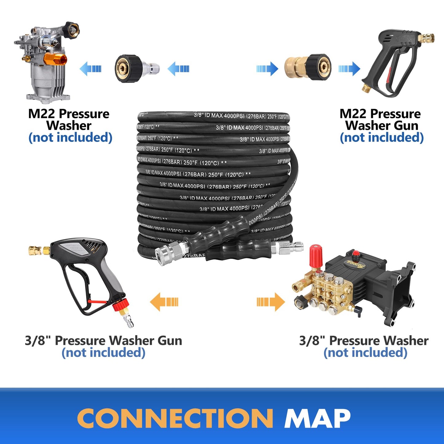 TOOLCY 3/8" Pressure Washer Hose 50 FT, Hot and Cold Water Max 250ยฐF Kink Resistant Power Washer Hose with Swivel 3/8" Quick Connect and M22-14mm Adapters, 4000 PSI, Steel Wire Braided Rubber Jacket