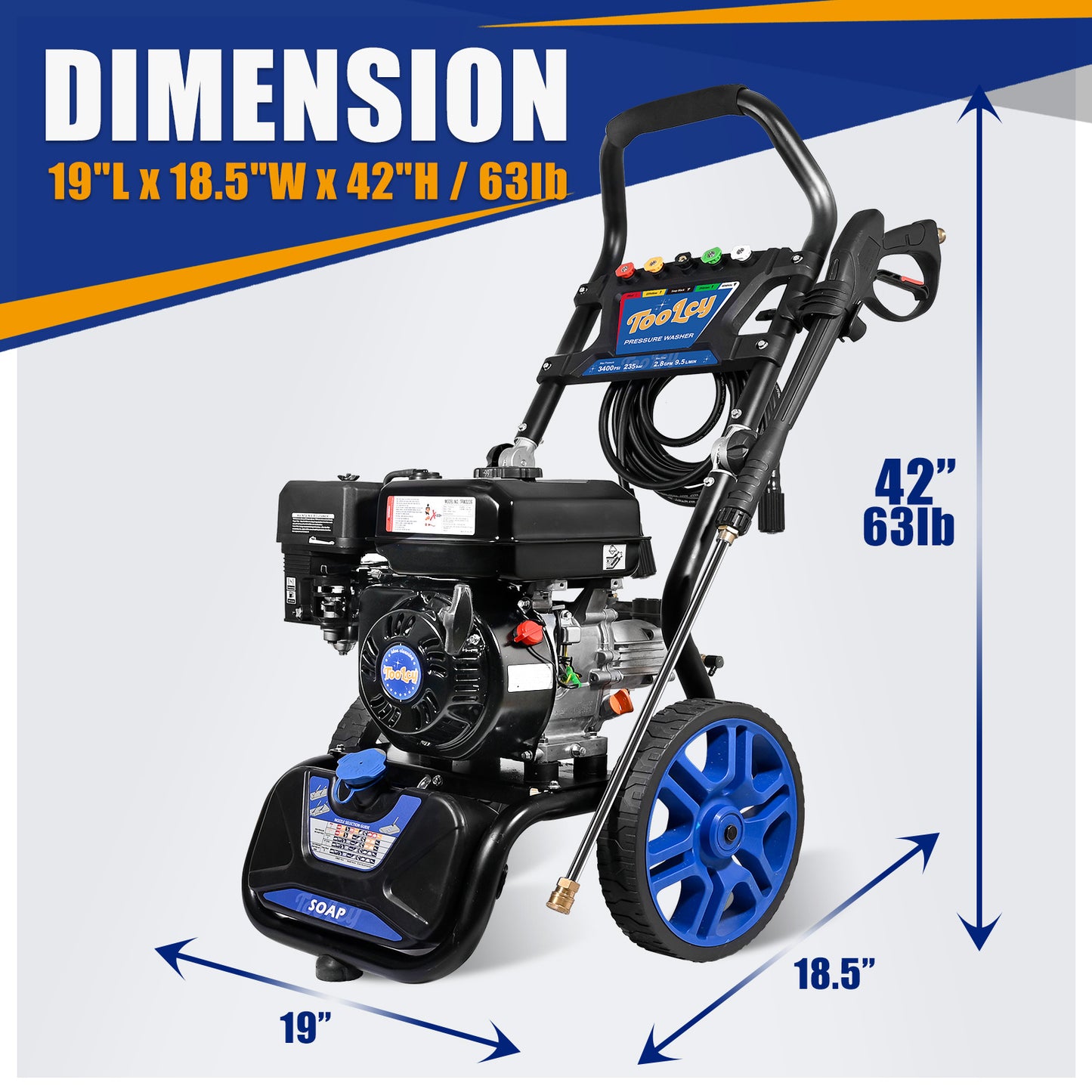 TOOLCY 3400 PSI, 2.8 GPM Gas Pressure Washer with Pressure Washer Gun & Wand, 0.88GAL Soap tank, Flex Pressure Hose 30ft, 5 Nozzle tips, Heavy Duty Power Washer for Cars, Driveways, Patios,WALM-TPW3609.WAL.02