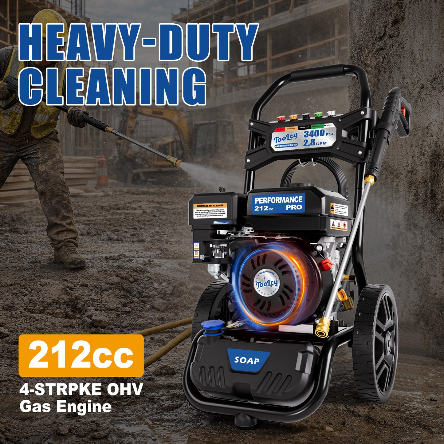 TOOLCY Gas Pressure Washer 3400 PSI 2.8 GPM, 30FT Pressure Washer Hose
