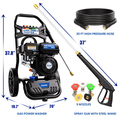 TOOLCY Gas Pressure Washer 3400 PSI 2.8 GPM, 30FT Pressure Washer Hose
