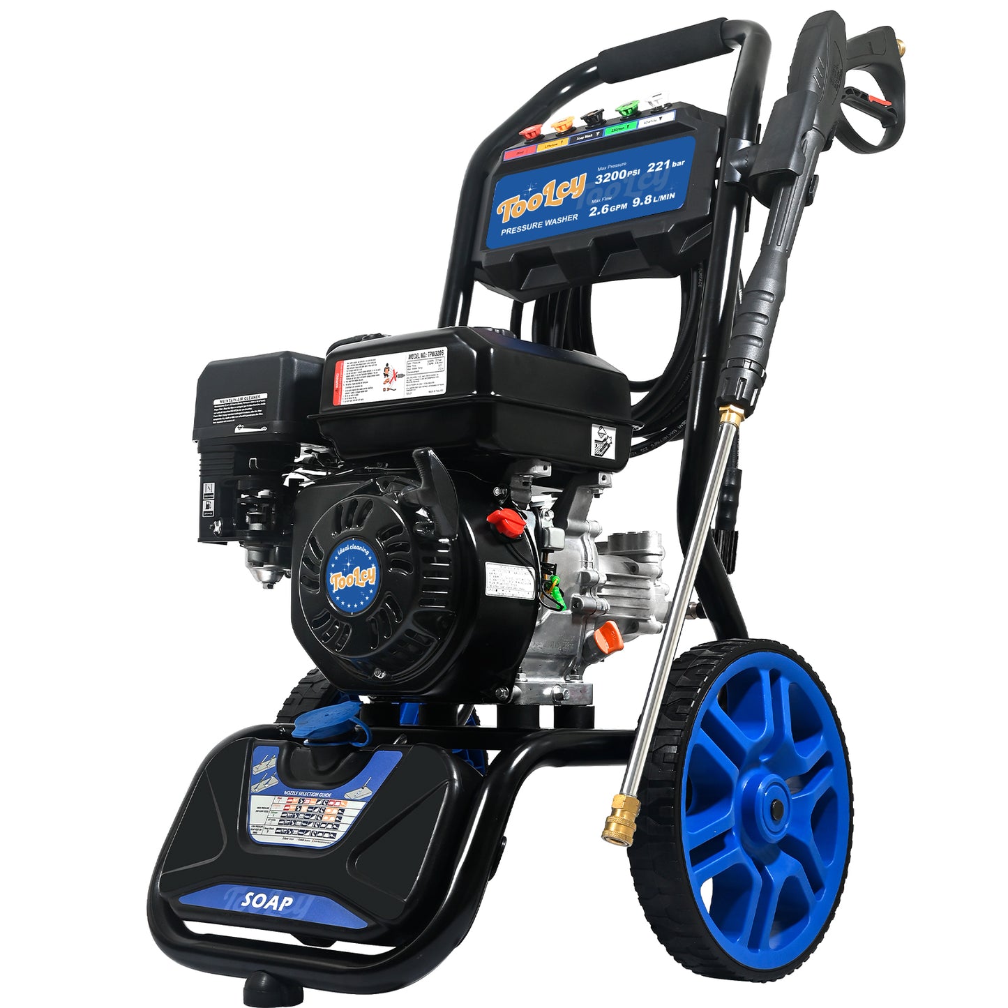 TOOLCY 3200 PSI, 2.6 GPM Gas Pressure Washer with Pressure Washer Gun & Wand, 0.88GAL Soap tank, Flex Pressure Hose 30ft, 5 Nozzle tips, Heavy Duty Power Washer for Cars, Driveways, Patios,TPW3606.WAL.01