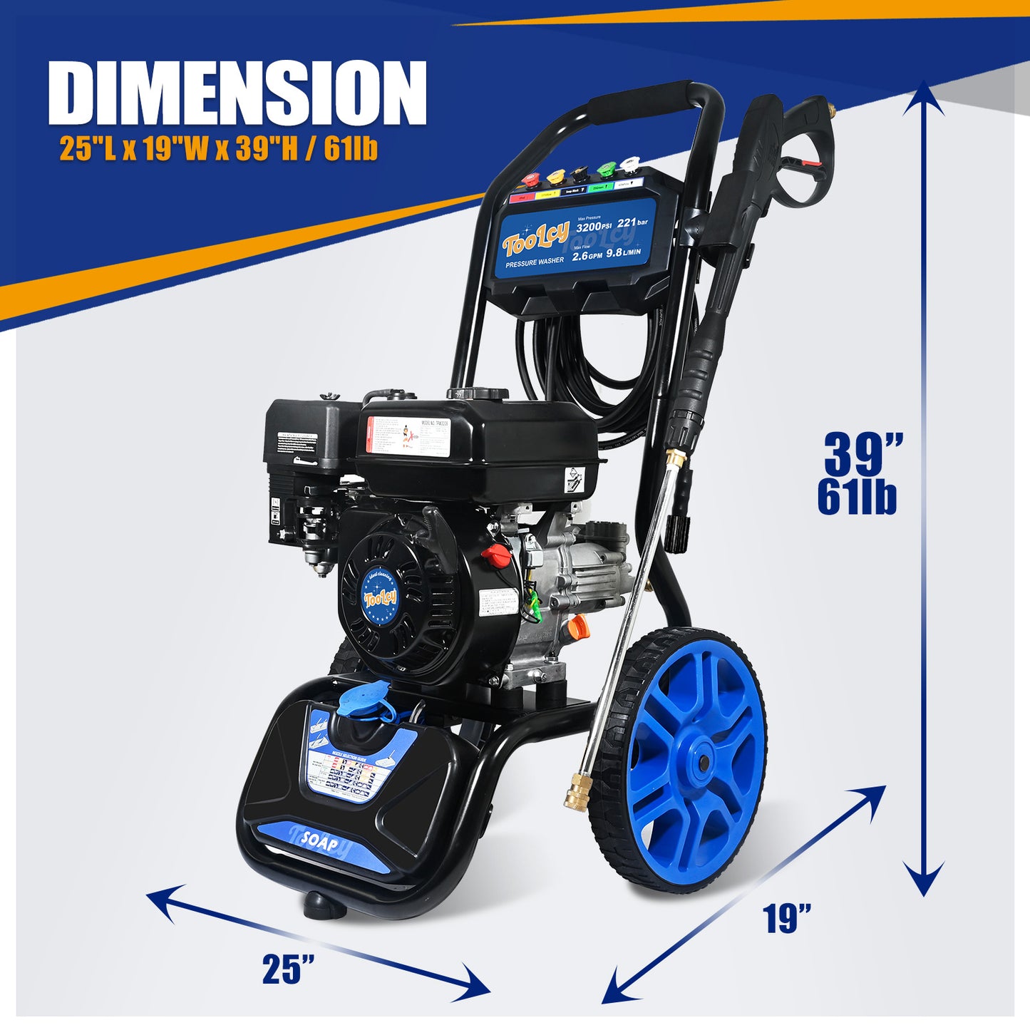 TOOLCY 3200 PSI, 2.6 GPM Gas Pressure Washer with Pressure Washer Gun & Wand, 0.88GAL Soap tank, Flex Pressure Hose 30ft, 5 Nozzle tips, Heavy Duty Power Washer for Cars, Driveways, Patios,TPW3606.WAL.01