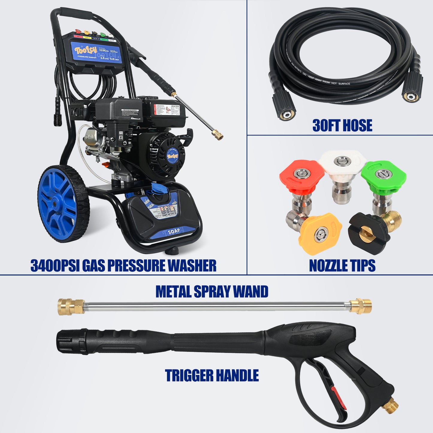 TOOLCY 3200 PSI, 2.6 GPM Gas Pressure Washer with Pressure Washer Gun & Wand, 0.88GAL Soap tank, Flex Pressure Hose 30ft, 5 Nozzle tips, Heavy Duty Power Washer for Cars, Driveways, Patios,TPW3606.WAL.01