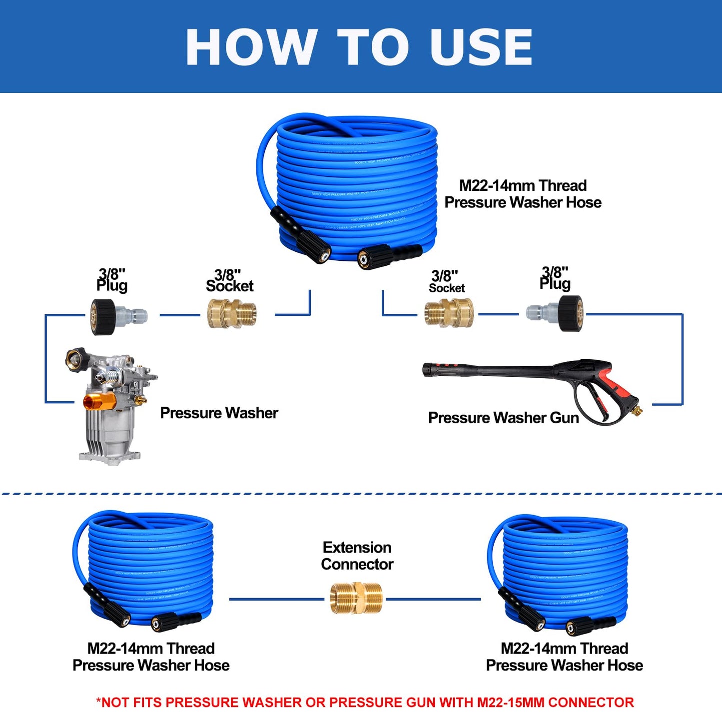 Flexible Pressure Washer Hose 3300 PSI 1/4 in. with 3/8" QC Kit (blue)