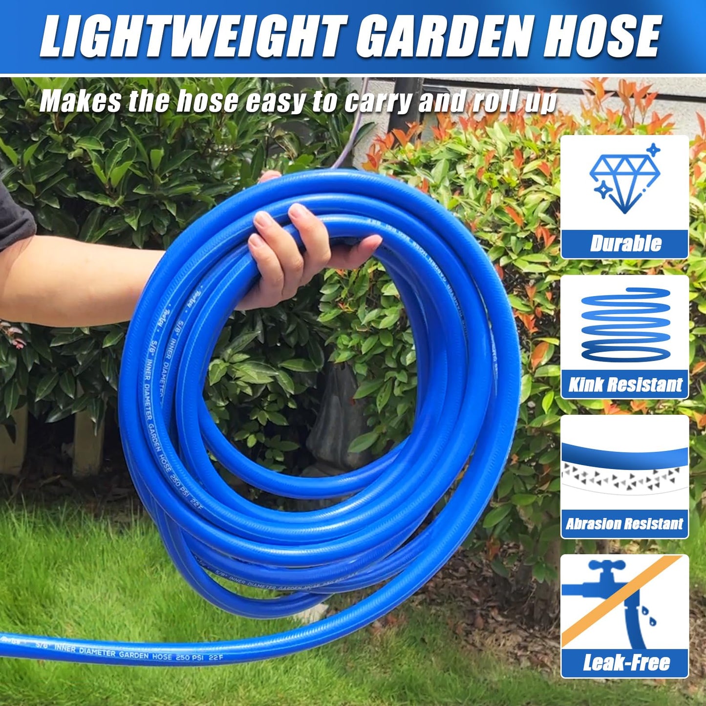 Heavy Duty Garden Hose, 5/8", Swivel Fittings (blue)