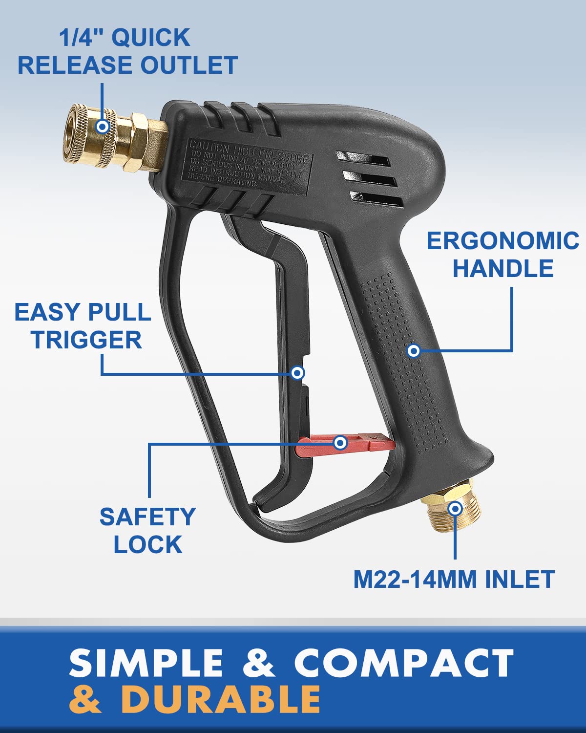 Short Pressure Washer Gun with M22-14mm Inlet, Stubby High Pressure Handle Gun for Power Washer, 1/4" Quick Connector Compatible with Foam Cannon, 4000 PSI, 7 GPM