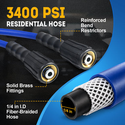 Flexible Pressure Washer Hose 3400 PSI 1/4 in. with 3/8" Quick Connect
