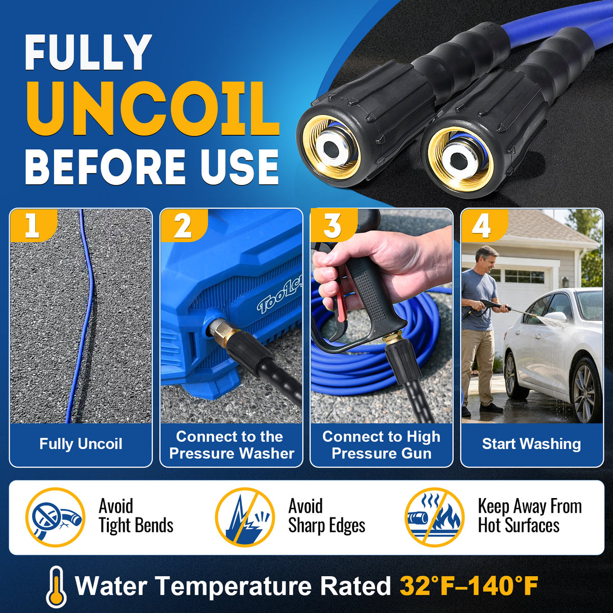 Flexible Pressure Washer Hose 3400 PSI 1/4 in. with 3/8" Quick Connect