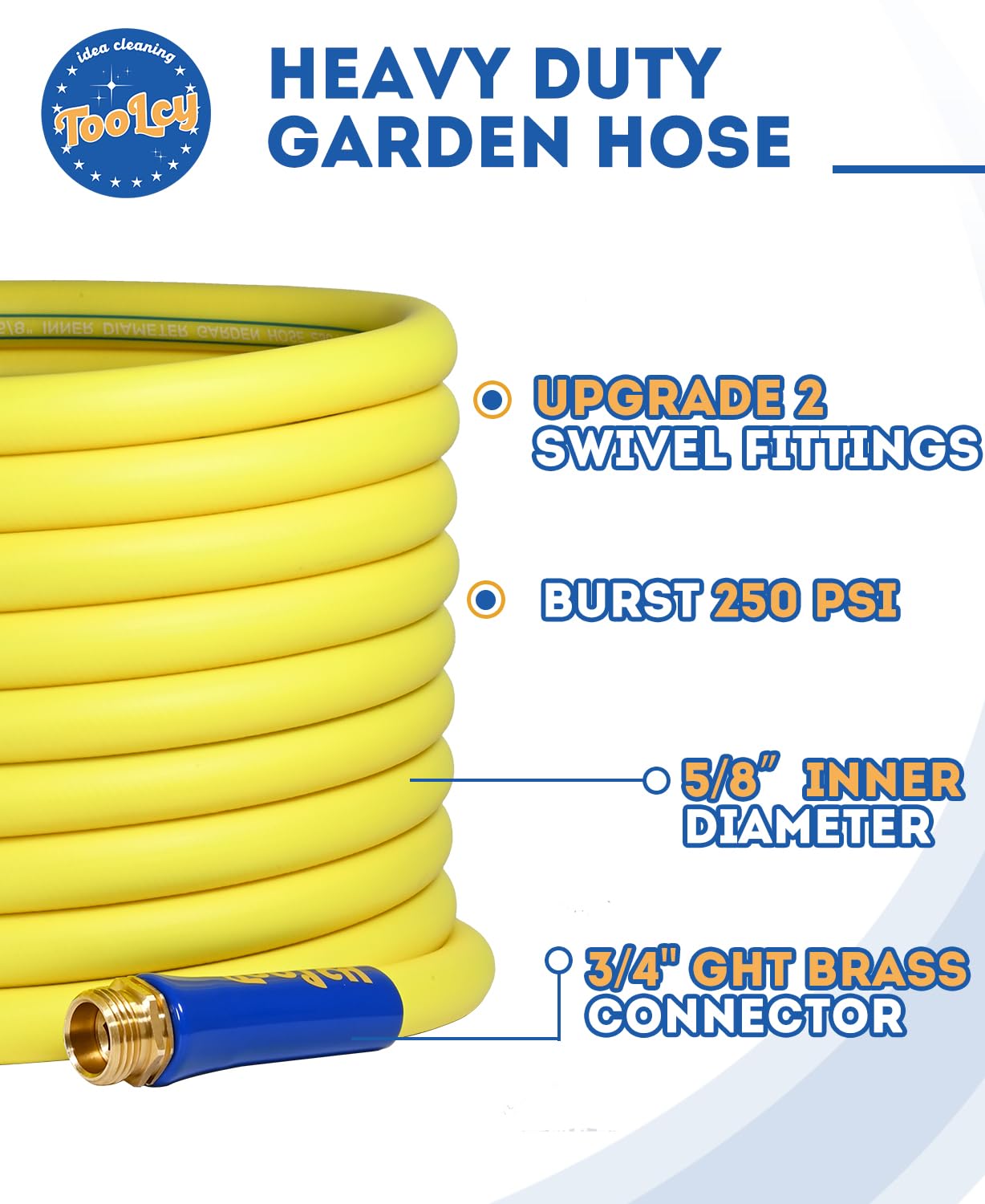 TOOLCY Flexible Garden Hose 100 ft with Swivel Grip, Heavy Duty Hybrid 5/8 inch Water Hose, Outdoor, Lightweight, All-Weather, Brass Male to Female Fittings, 250 Burst