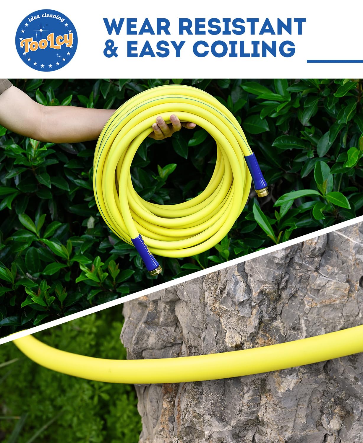 TOOLCY Flexible Garden Hose 100 ft with Swivel Grip, Heavy Duty Hybrid 5/8 inch Water Hose, Outdoor, Lightweight, All-Weather, Brass Male to Female Fittings, 250 Burst