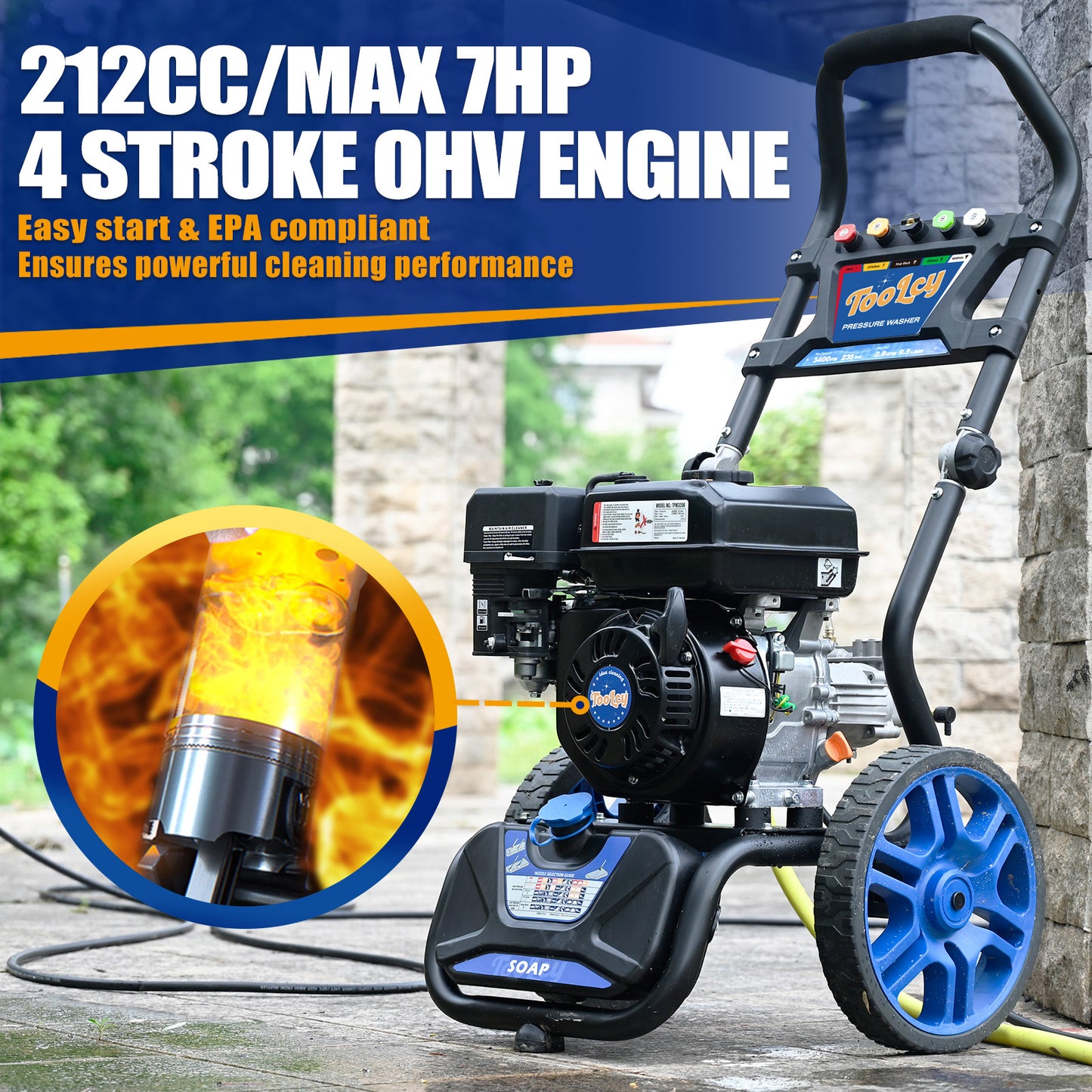 TOOLCY 3400 PSI, 2.8 GPM Gas Pressure Washer with Pressure Washer Gun & Wand, 0.88GAL Soap tank, Flex Pressure Hose 30ft, 5 Nozzle tips, Heavy Duty Power Washer for Cars, Driveways, Patios WALM-TPW3609.WAL.01