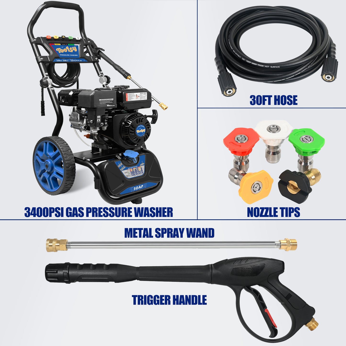 TOOLCY 3400 PSI, 2.8 GPM Gas Pressure Washer with Pressure Washer Gun & Wand, 0.88GAL Soap tank, Flex Pressure Hose 30ft, 5 Nozzle tips, Heavy Duty Power Washer for Cars, Driveways, Patios WALM-TPW3609.WAL.01