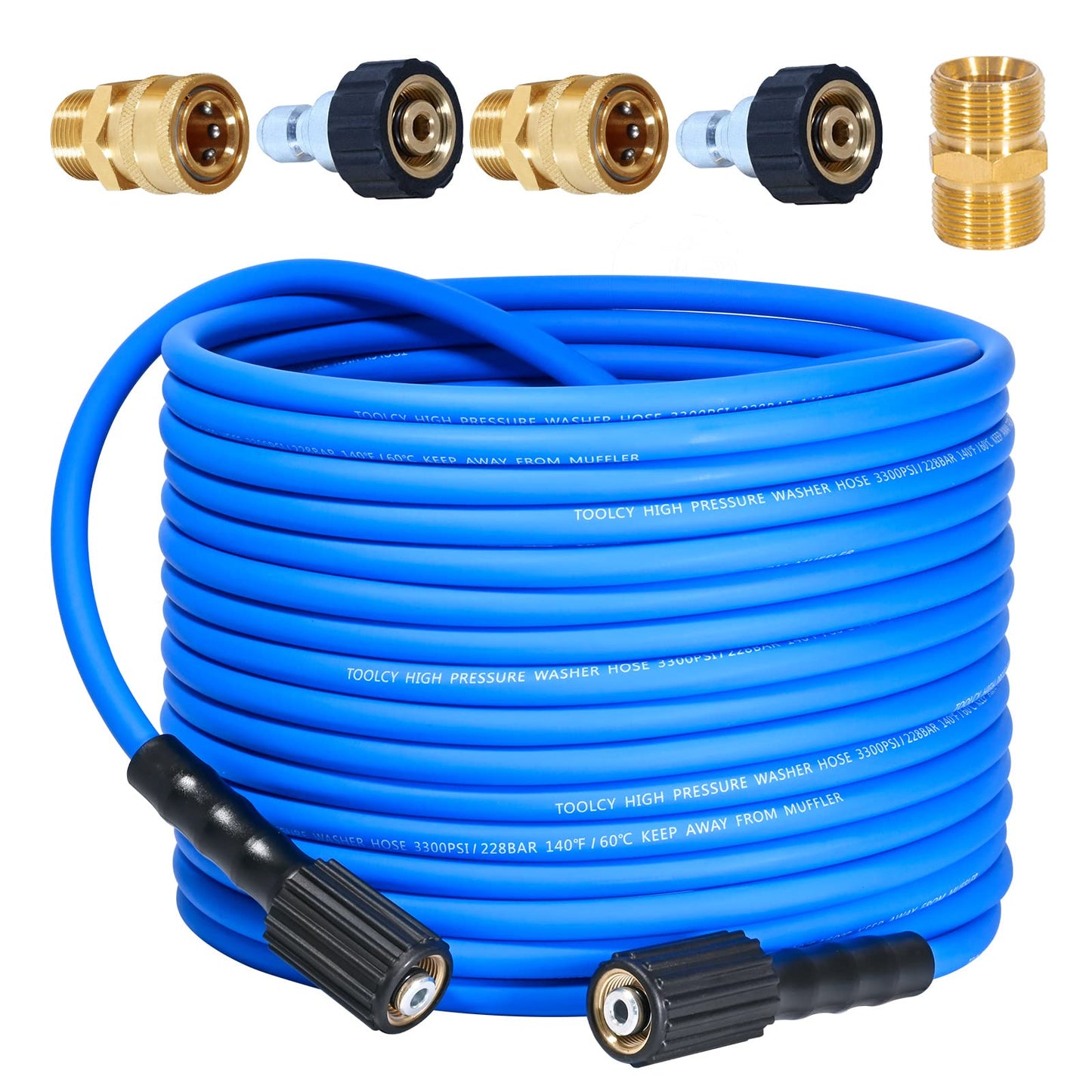 TOOLCY Pressure Washer Hose 50ft, 3300 PSI Kink Resistant Power Washer Hose 1/4 in., Replacement Power Wash Hose with M22 and 3/8" Quick Connection Kit for Gas & Electric
