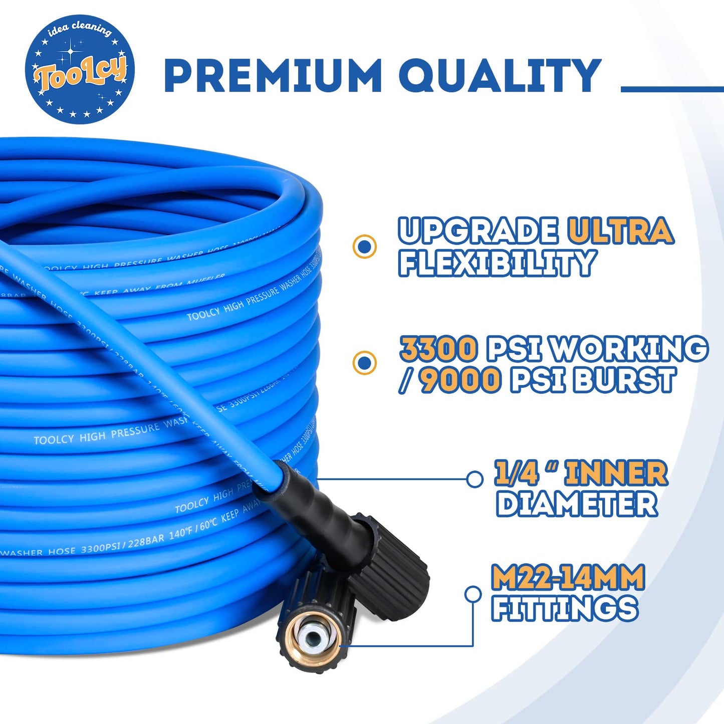 TOOLCY Pressure Washer Hose 50ft, 3300 PSI Kink Resistant Power Washer Hose 1/4 in., Replacement Power Wash Hose with M22 and 3/8" Quick Connection Kit for Gas & Electric