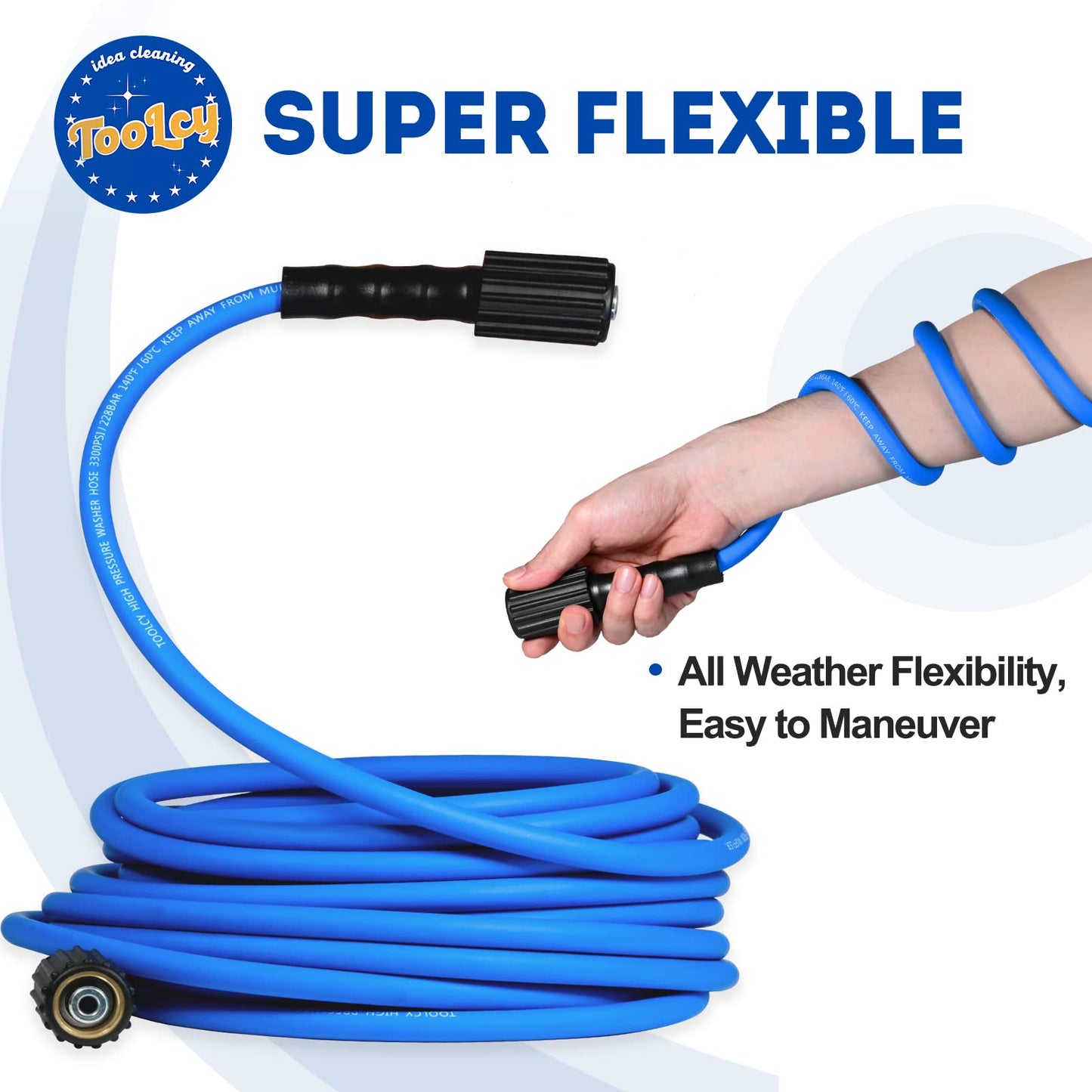 Super Flexible Pressure Washer Hose 30ft, 3300 PSI Kink Resistant Power Washer Hose 1/4 in., Replacement Power Wash Hose with M22 & 3/8" Quick Connection Kit for Gas & Electric