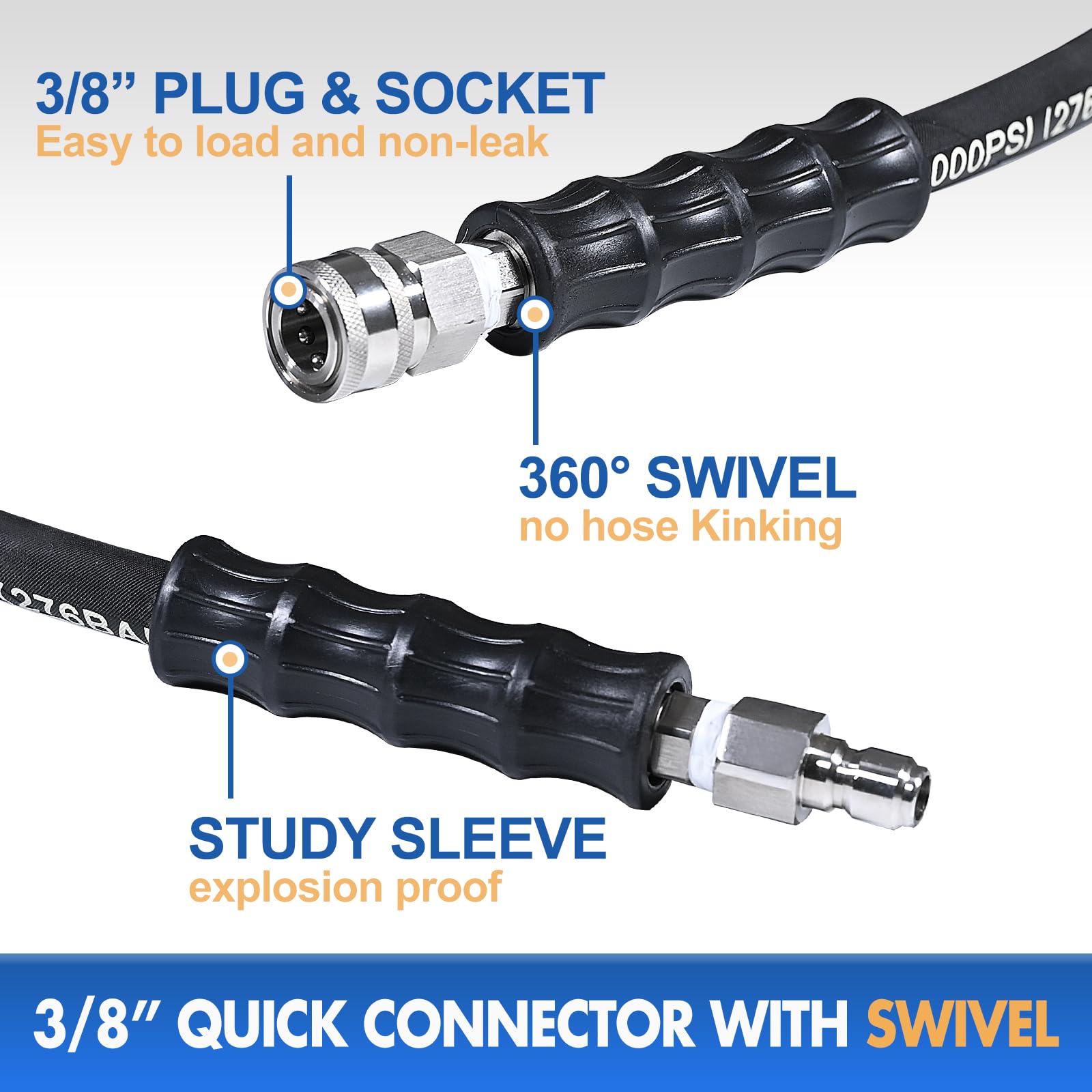 Lightweight Pressure Washer Hose, Hot & Cold Water Power Washer Hose 100 FT  x 1/4 in. with 3/8 Swivel QC, Kink Resistant, Steel Wire Braided Rubber