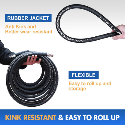 TOOLCY 3/8" Pressure Washer Hose 50 FT, Hot and Cold Water Max 250°F Kink Resistant Power Washer Hose with Swivel 3/8" Quick Connect and M22-14mm Adapters, 4000 PSI, Steel Wire Braided Rubber Jacket